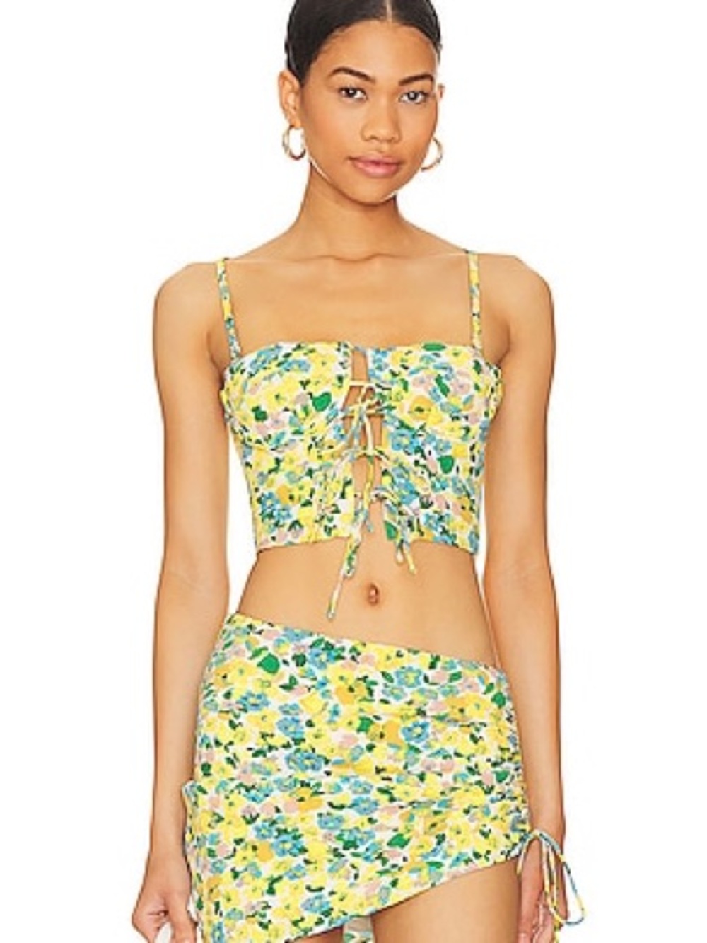 superdown Yellow Floral Lace-Up Crop Top